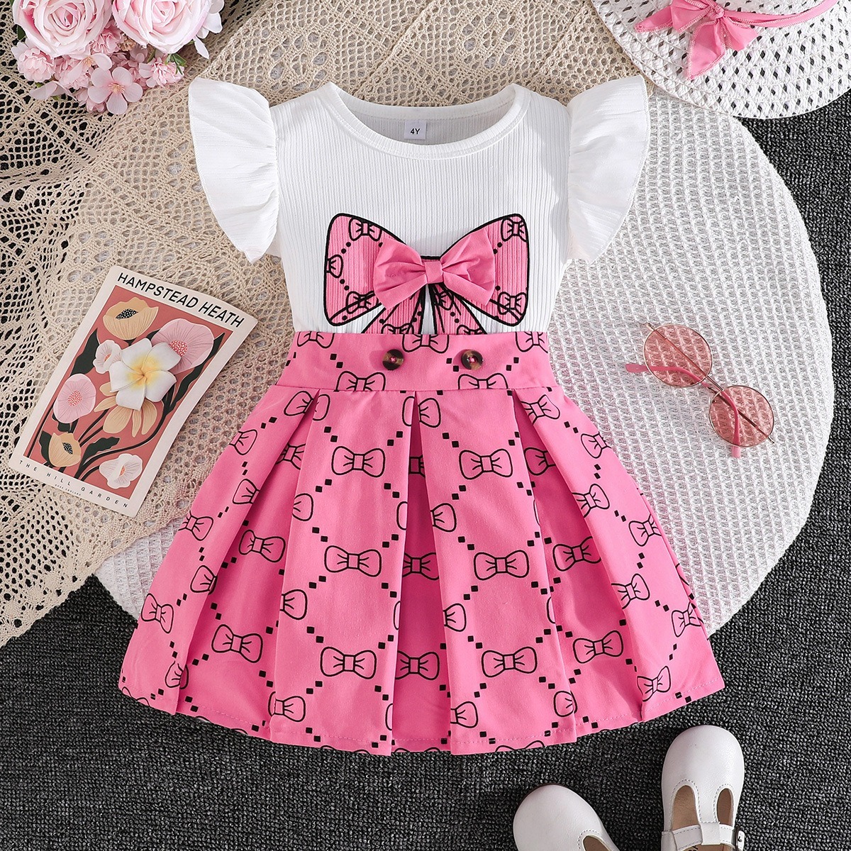 2pcs Toddler Girls Ruffle Sleeve Bow Blouse With Pleated Skirt