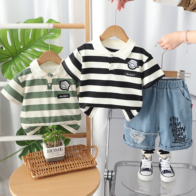 2pcs Toddler Boys Smiley Face Print Striped Polo + Distressed Denim Shorts