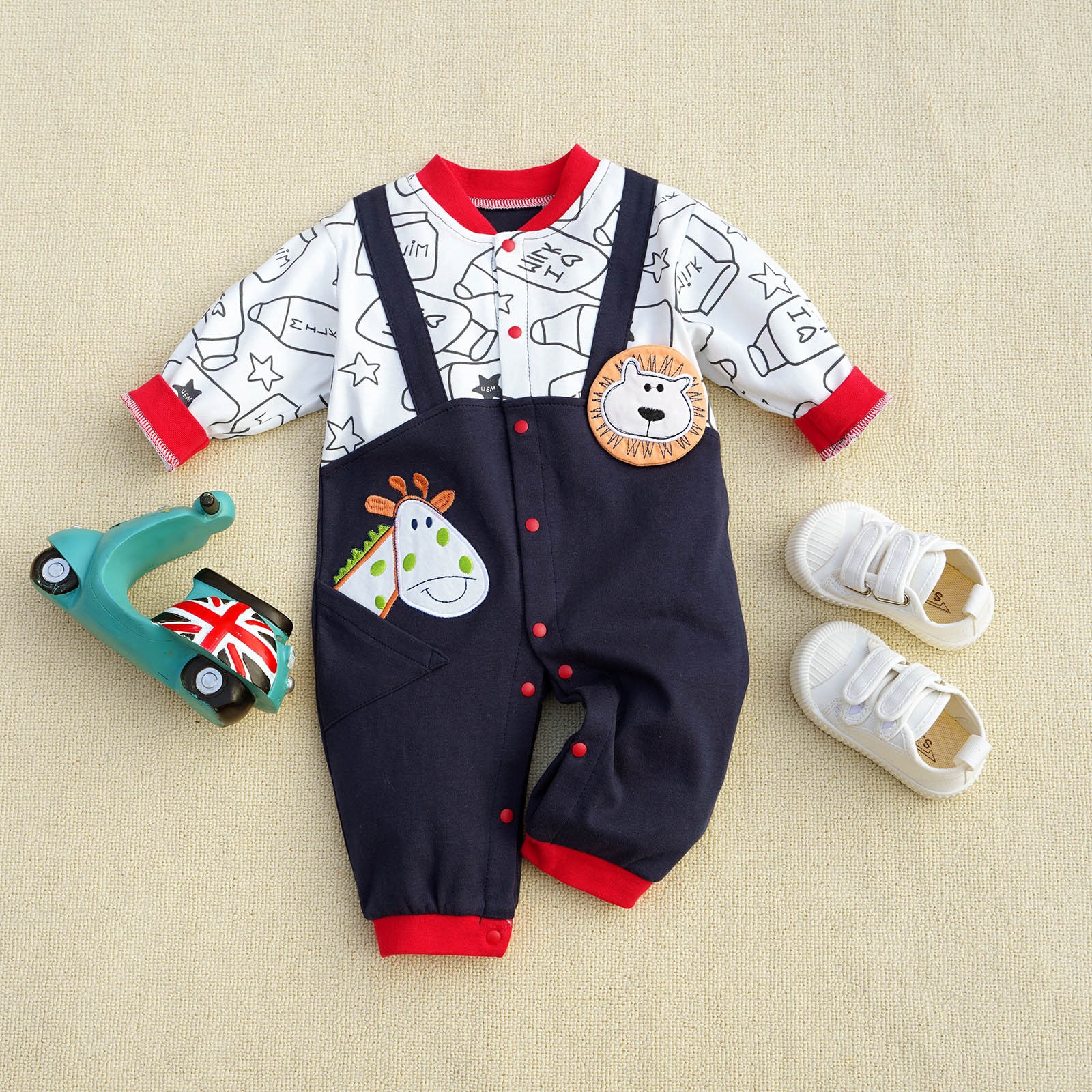 Baby Boy Bottle Print Blue Suspenders Long-Sleeve Jumpsuits