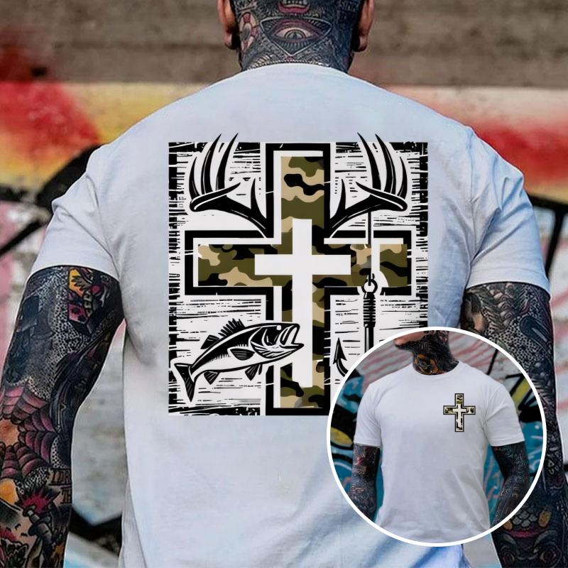 Camo Cross Antlers & Bass Graphic T-Shirt