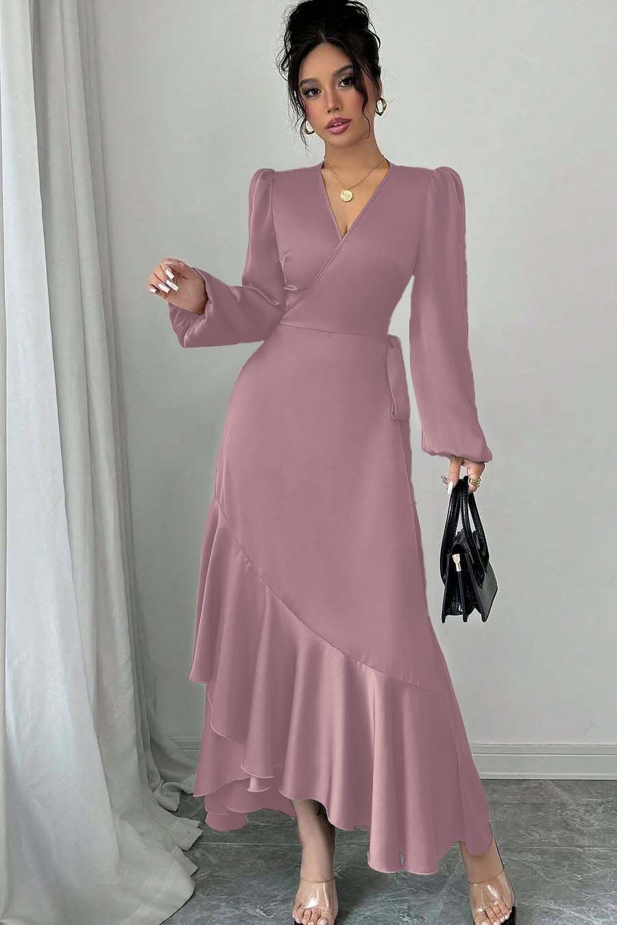 Shinning Long Sleeves V Neck Long Prom Dress With Ruffles Pleated