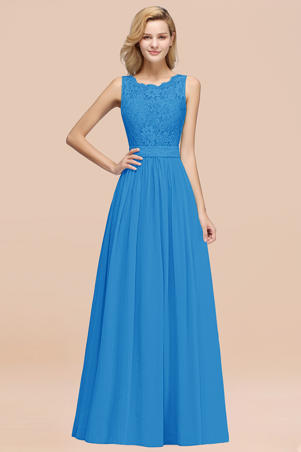 27prom Elegant Chiffon Lace Scalloped Sleeveless Ruffle Bridesmaid Dresses-27prom
