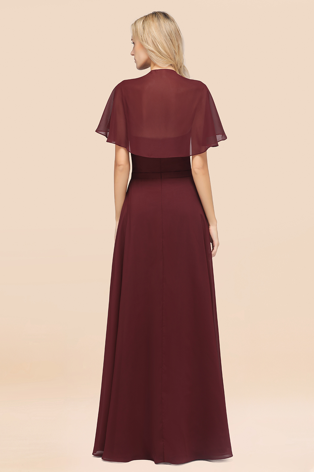 27prom Chic Satin V-Neck Long Burgundy Chiffon Bridesmaid Dress with Flutter Sleeve-27prom