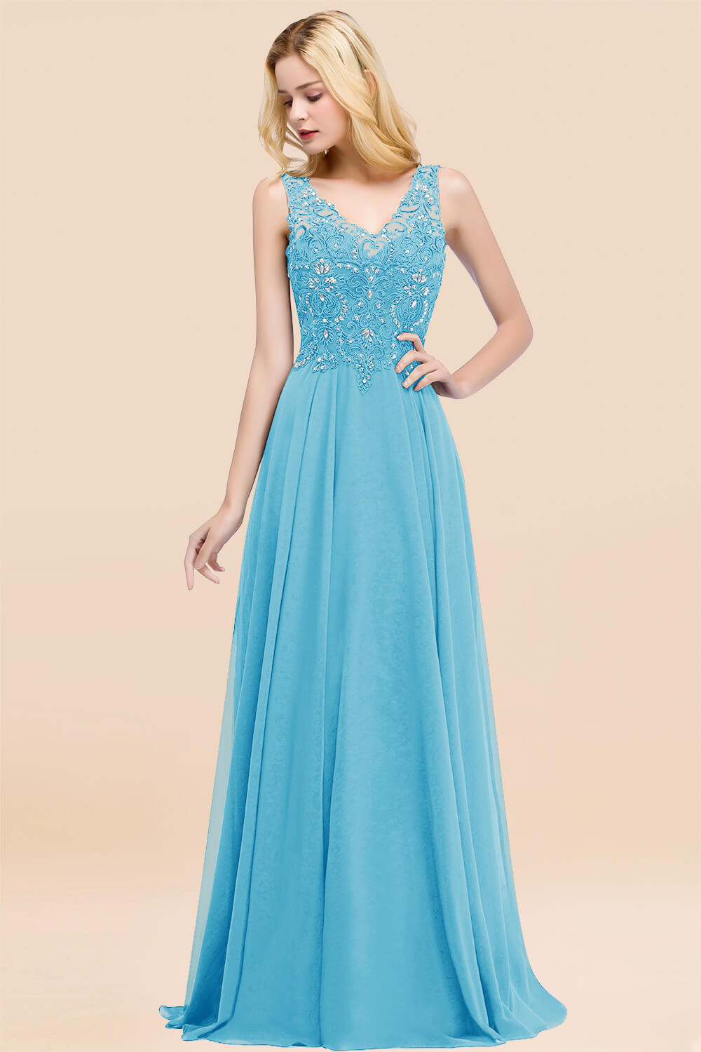 27prom Affordable Lace V-Neck Navy Bridesmaid Dresses With Appliques-27prom