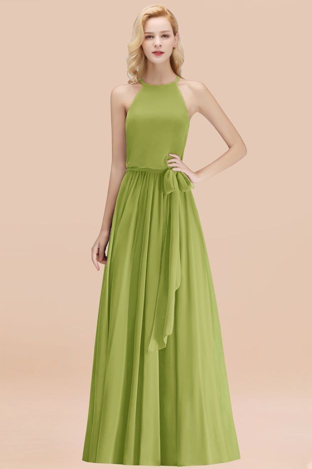 27prom Affordable Halter Bow Long Bridesmaid Dress Modest Burgundy Chiffon Wedding Party Dress-27prom