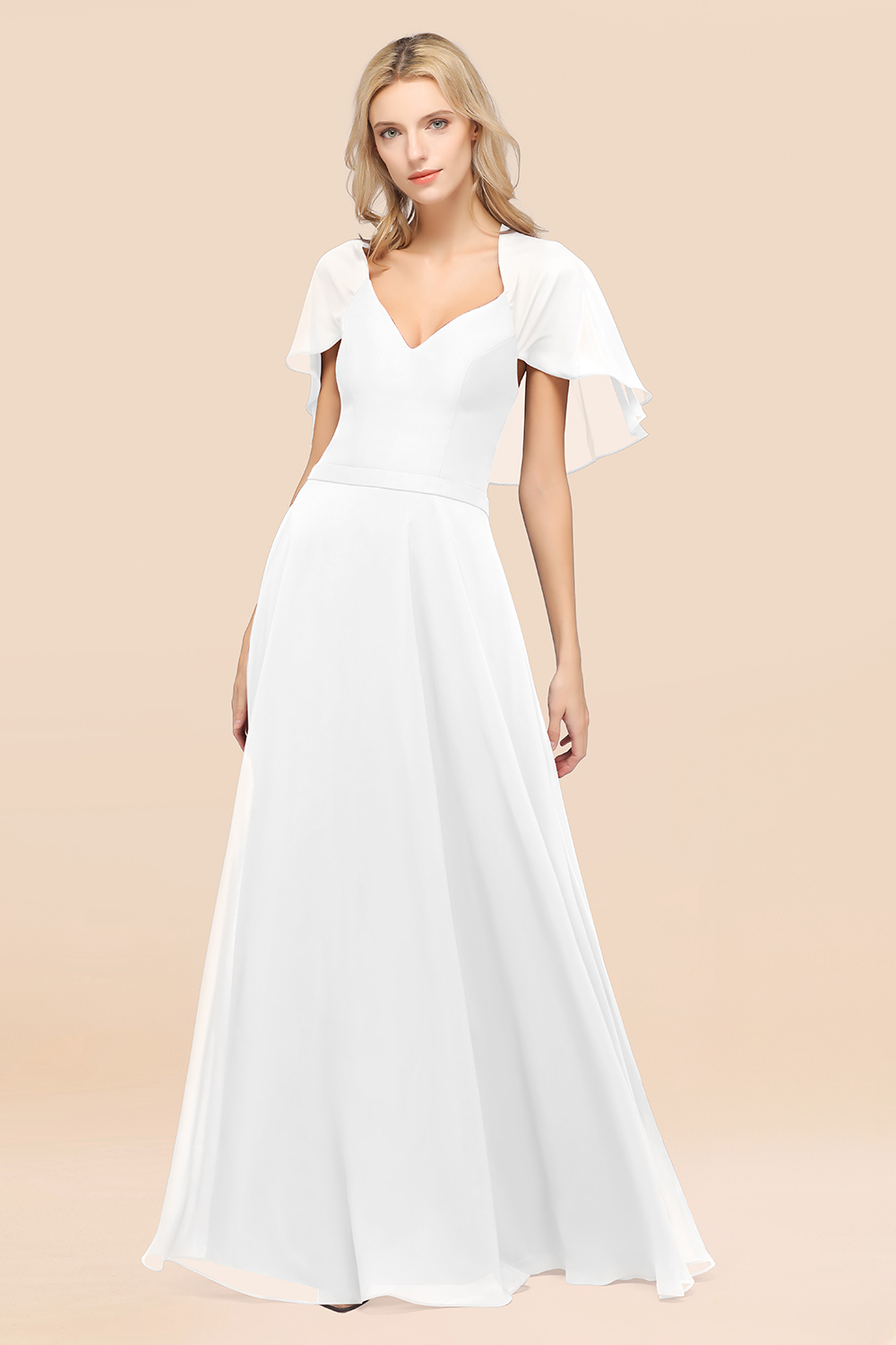 27prom Chic Satin V-Neck Long Burgundy Chiffon Bridesmaid Dress with Flutter Sleeve-27prom
