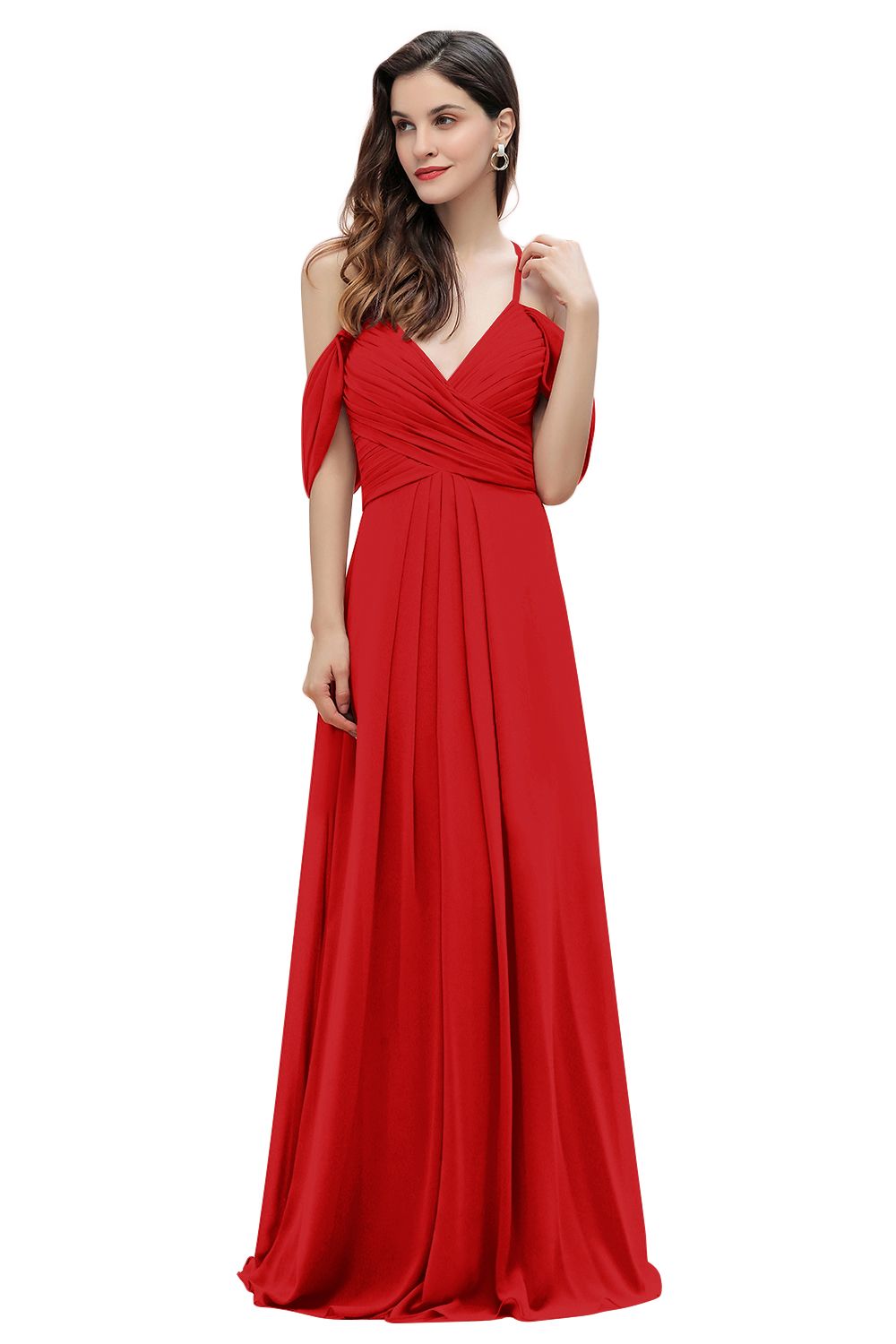 Elegant A-line Off-the-Shoulder V-neck Ruched Long Bridesmaid Dress-27prom