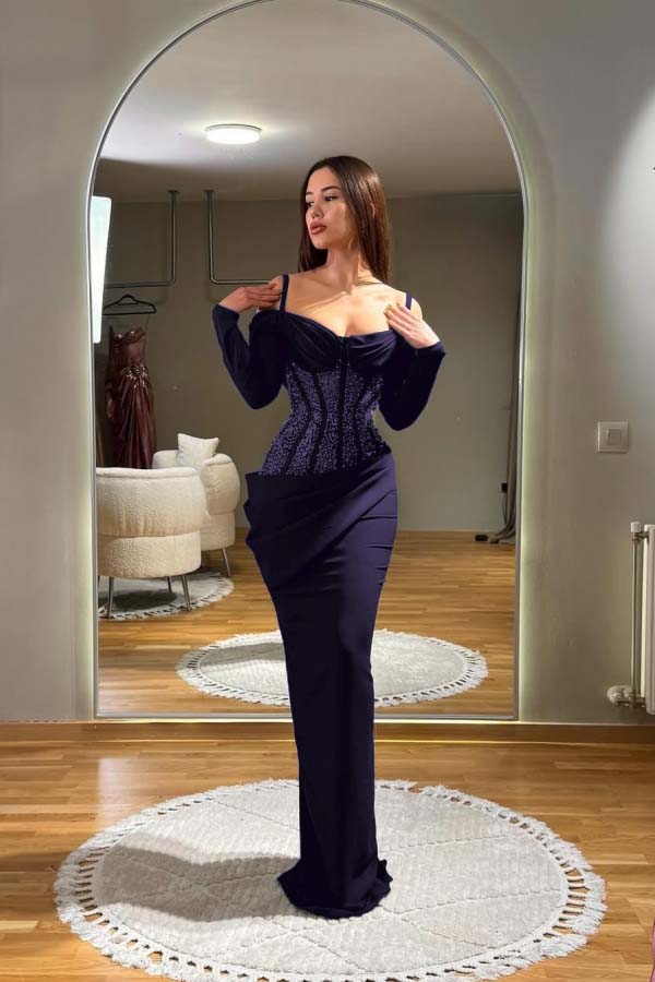 Off the Shoulder Long Sleeves Long Prom Dress With Sequins Pleated