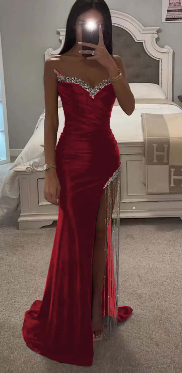 Strapless Sleeveless Long Mermaid Prom Dress With Split Tassel Beading