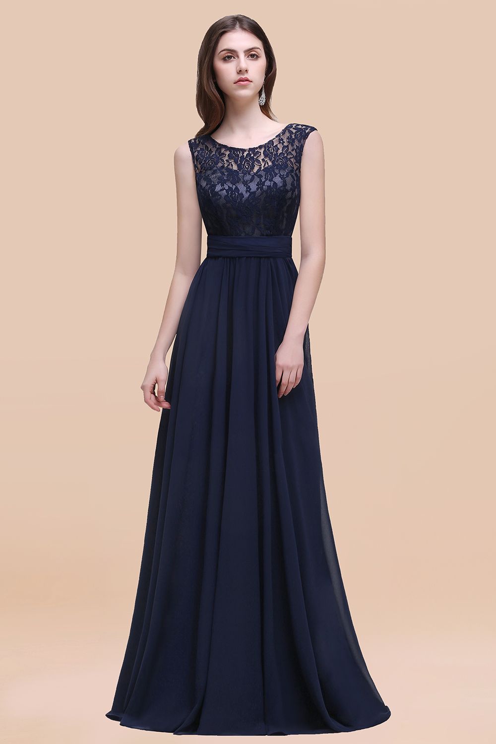 27prom Vintage Lace Scoop Sleeveless Dark Blue Bridesmaid Dress with V-Back-27prom