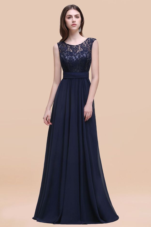 27prom Vintage Lace Scoop Sleeveless Dark Blue Bridesmaid Dress with V-Back-27prom