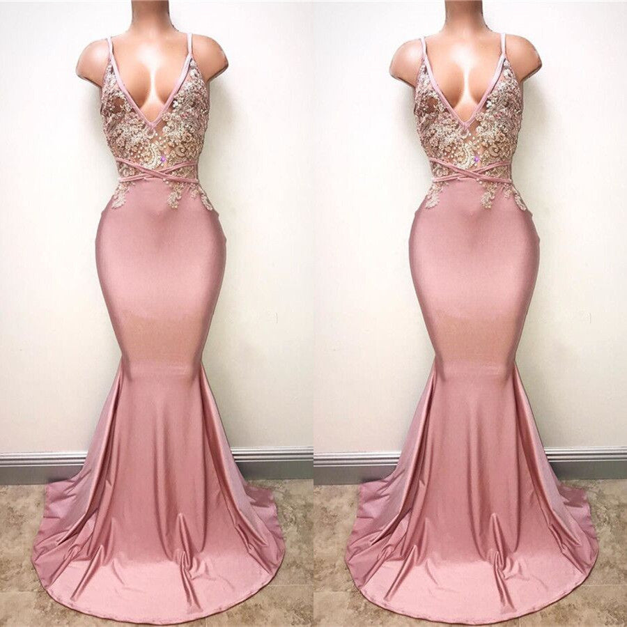 Pink Spaghetti-Straps Mermaid Long Prom Dress with Lace Appliques