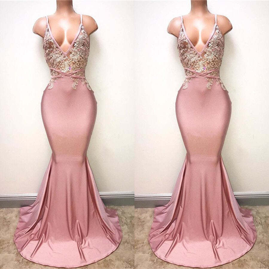 Pink Spaghetti-Straps Mermaid Long Prom Dress with Lace Appliques