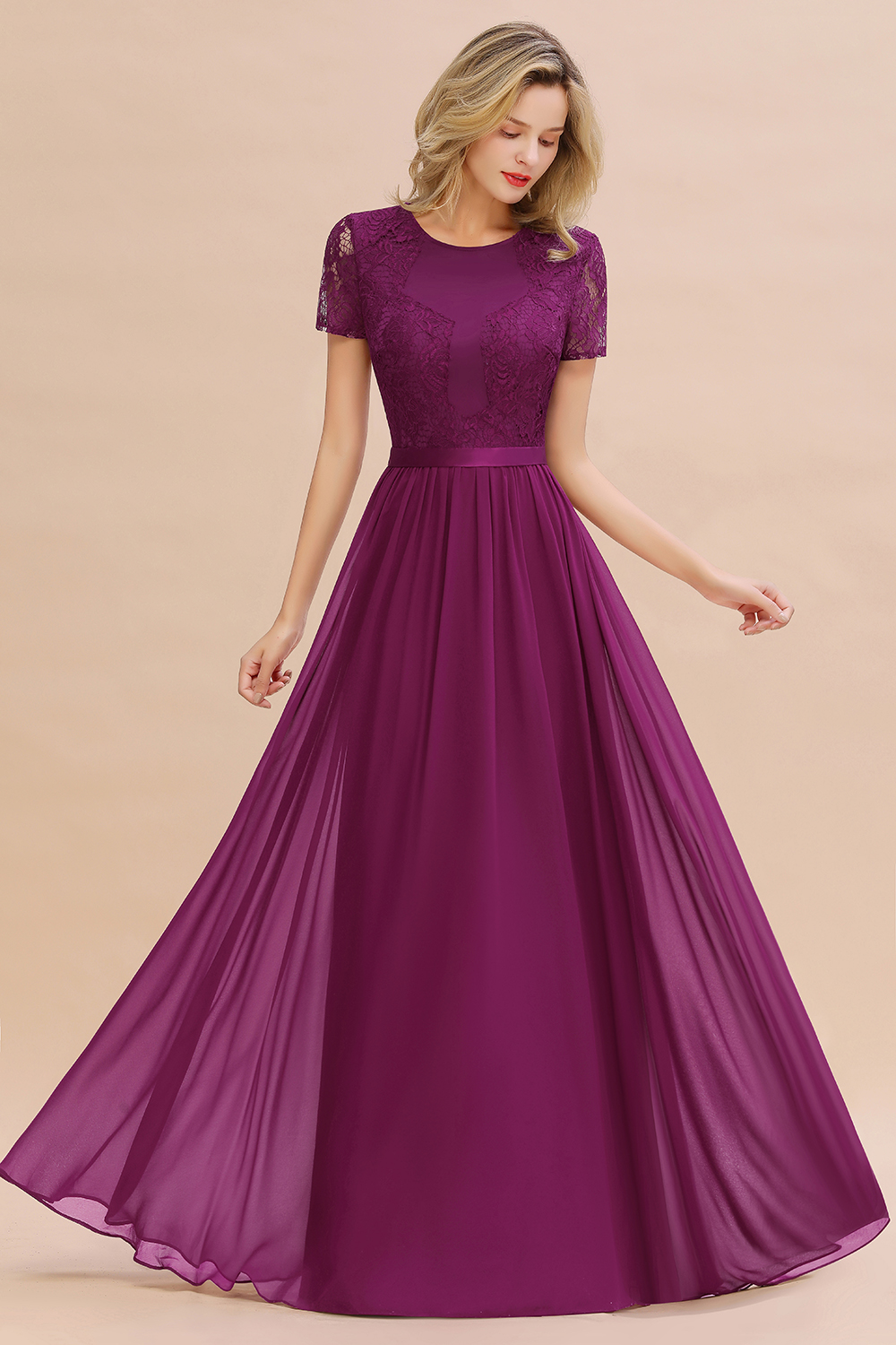 27prom Elegant Chiffon Lace Jewel Short-Sleeves Affordable Bridesmaid Dress-27prom