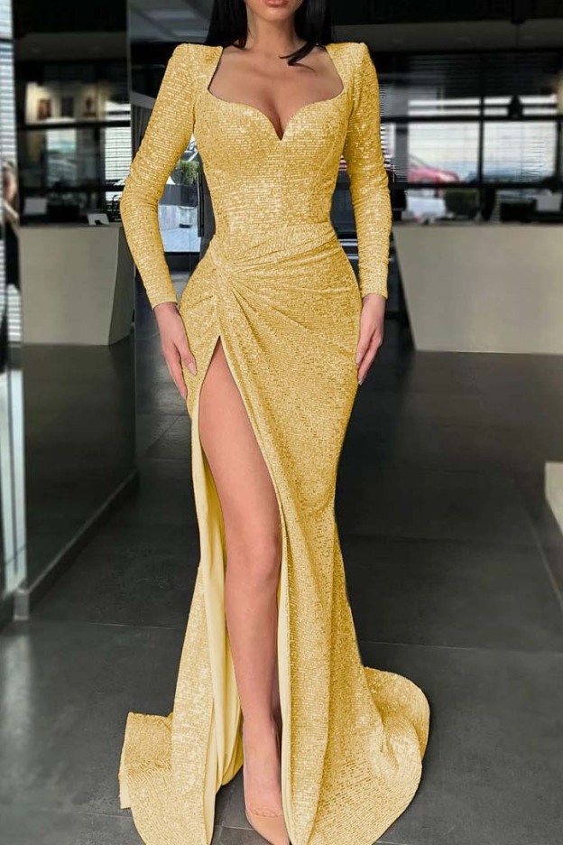 Long Sleeves High Split Long Prom Dress Mermaid With Sequins