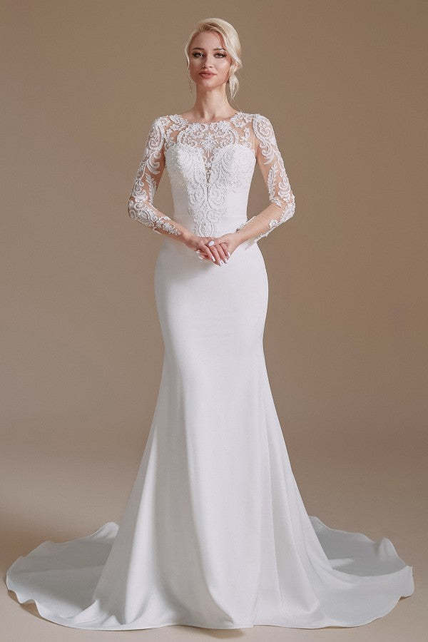 Jewel Neck Satin Lace Long Sleeve Mermaid Wedding Dress