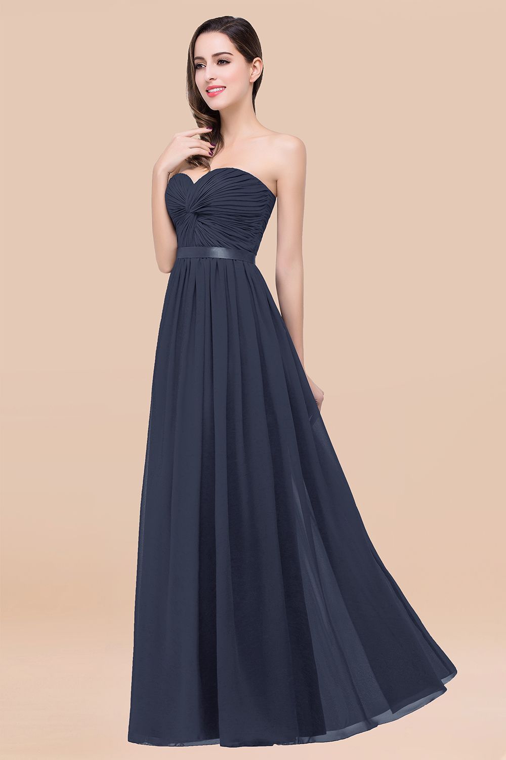 27prom Affordable Sweetheart Ruffle Navy Chiffon Bridesmaid Dress With Ribbon-27prom