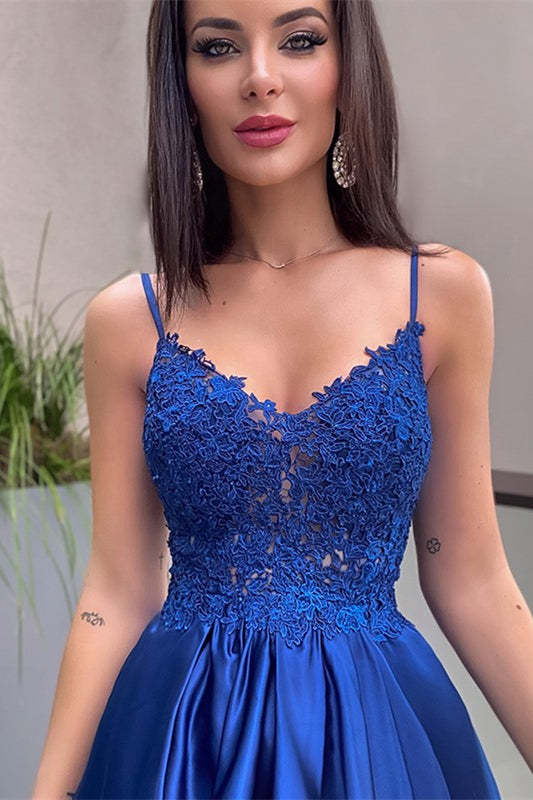 Royal Blue Lace Appliques Prom Dress with Pockets