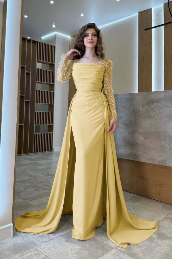 Long Sleeves Square Neck Long Mermaid Prom Dress With Pleated