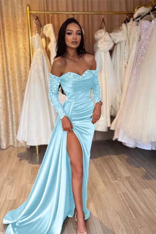 Off the Shoulder Long Sleeves Long Mermaid Prom Dress With Pleated