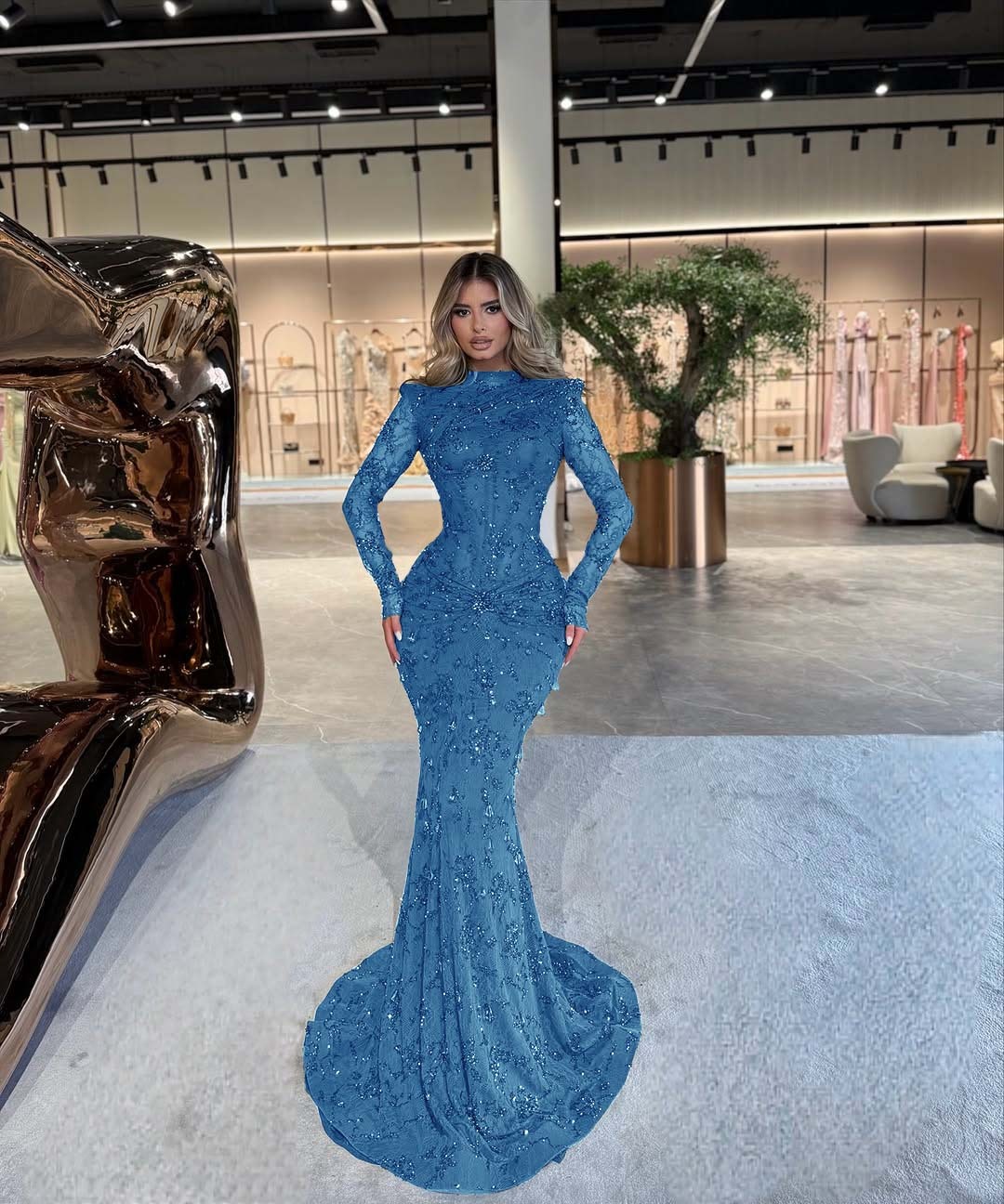 High Neck Long Sleeves Long Mermaid Prom Dress With Beading Pleated