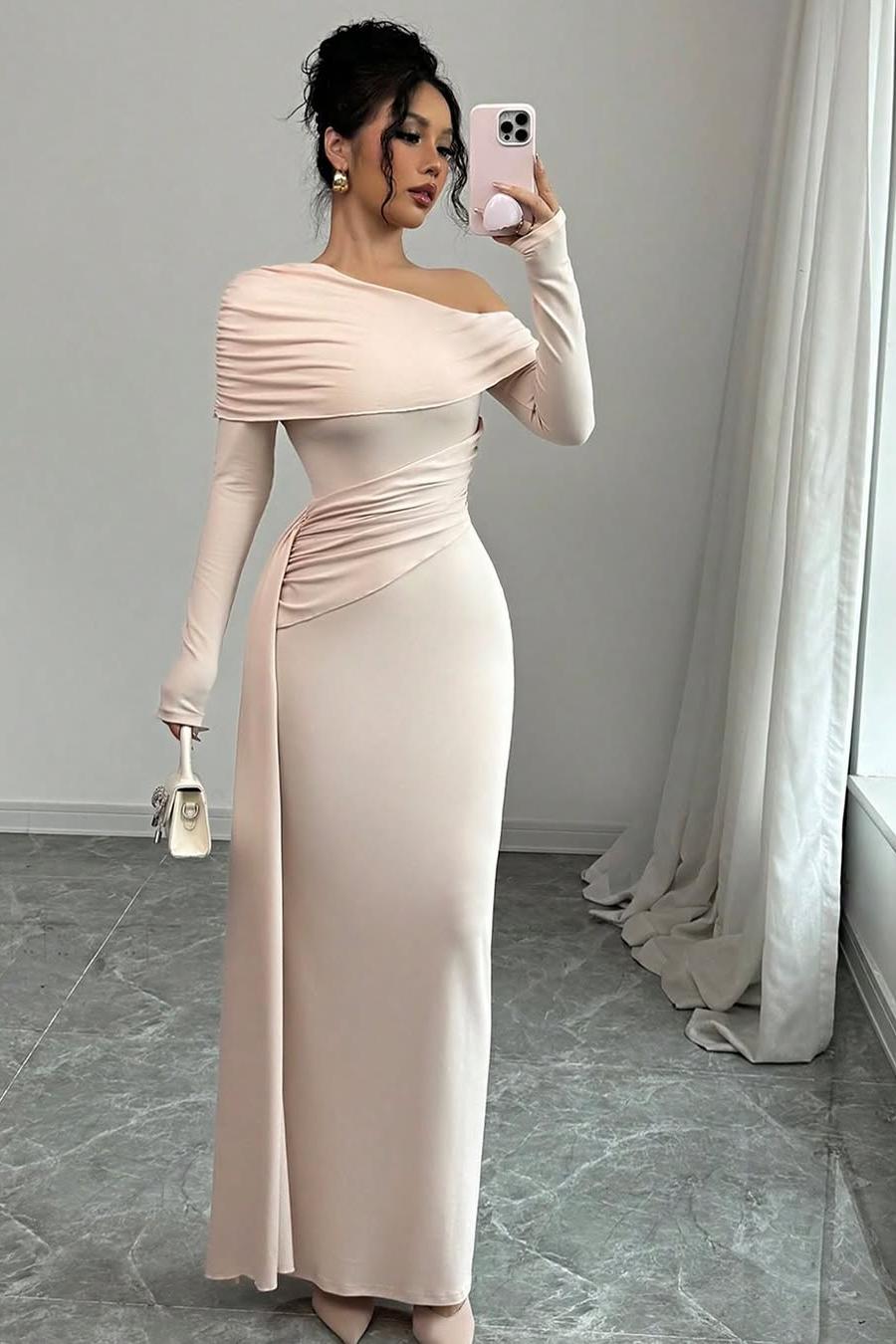 Off the Shoulder Long Sleeves Long Mermaid Prom Dress With Ruffles