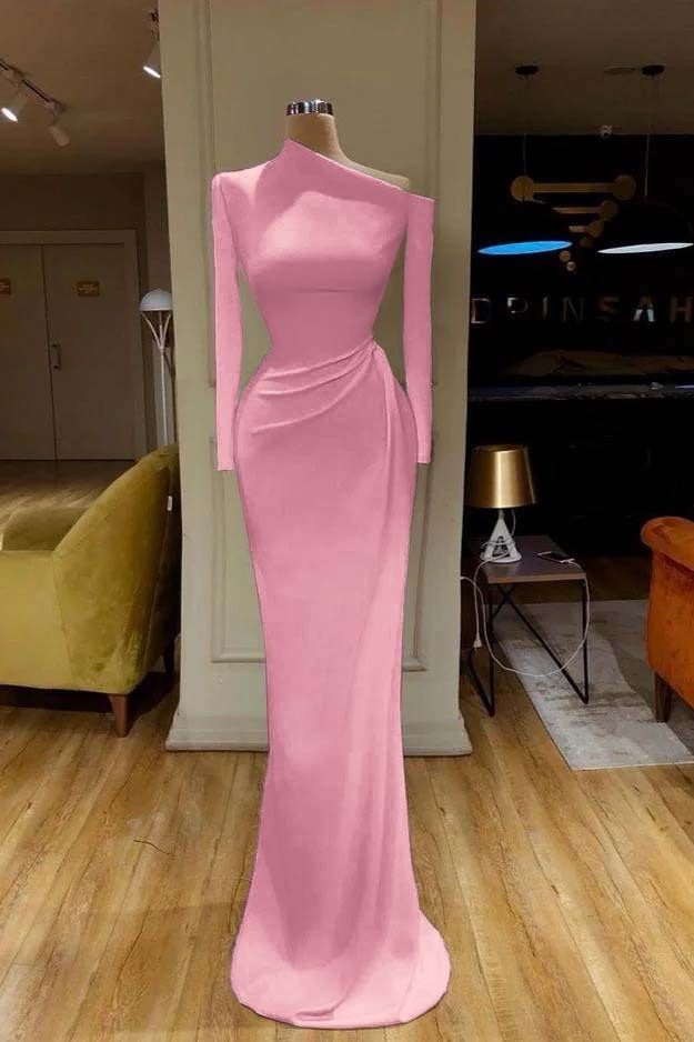 Charming White One Shoulder Mermaid Long Sleeves Prom Dress With Pleated
