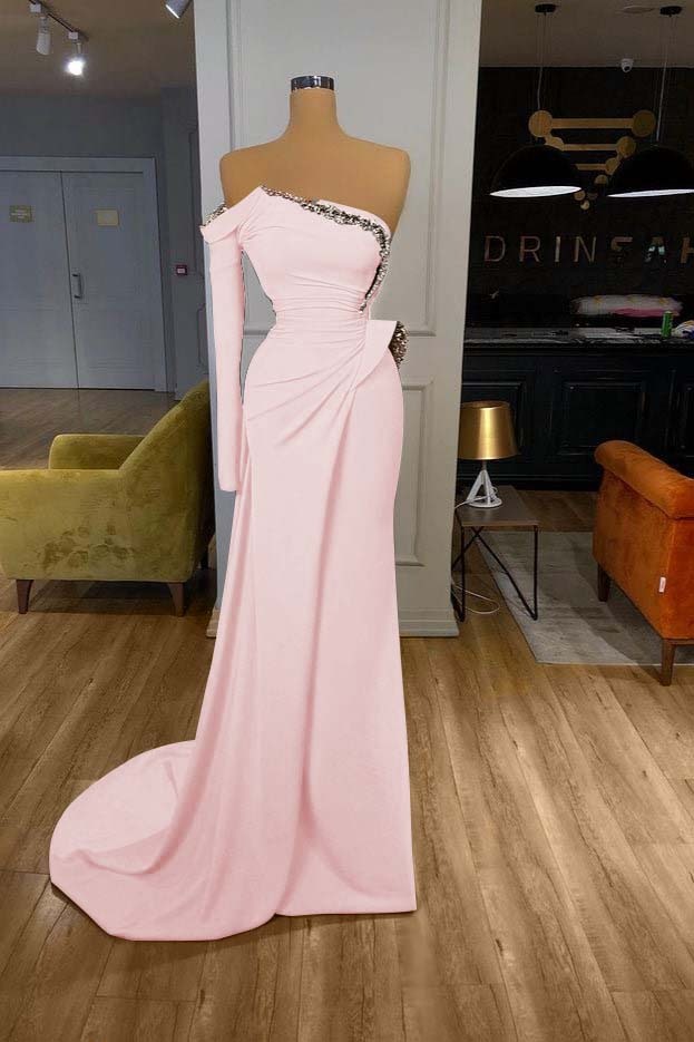 Orange Long Sleeves Sequins Long Pleated Mermaid Prom Dress With Beadings