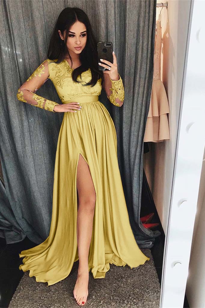 Charming Long Sleeves Front Split High Waist Prom Dress With Lace Appliques