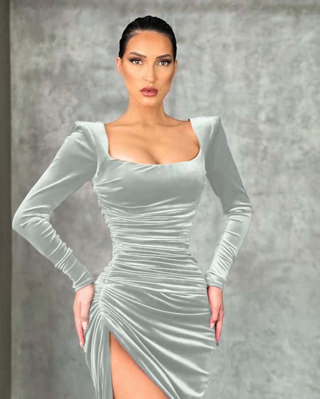 Mermaid Burgundy Long Sleeves Square Neck Prom Dress With High Split