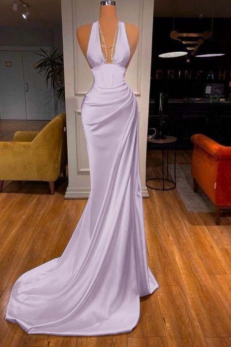 Halter Deep V Neck Sleeveless Mermaid Long Prom Dress Elegant With Ruffles