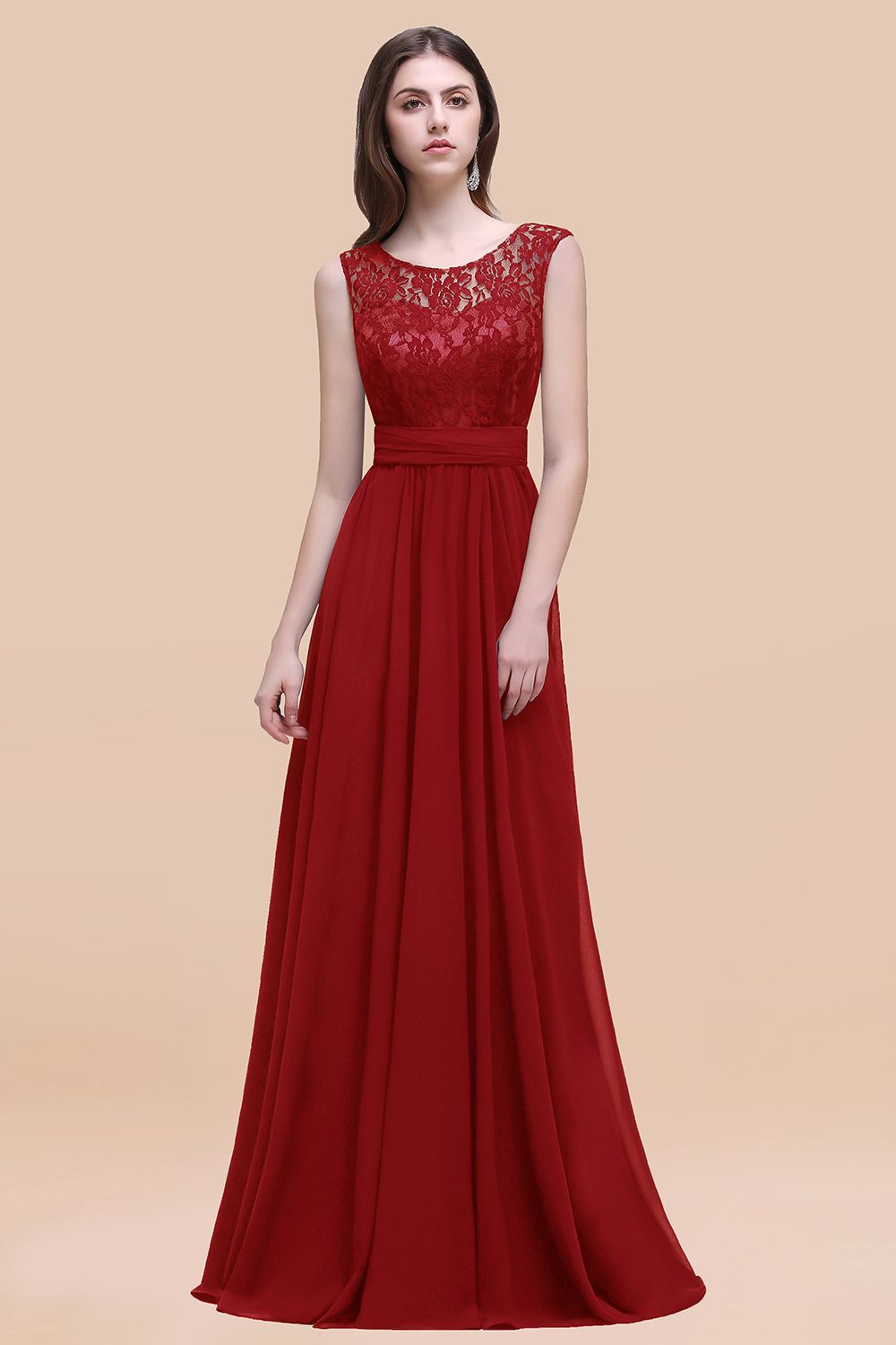 27prom Vintage Lace Scoop Sleeveless Dark Blue Bridesmaid Dress with V-Back-27prom