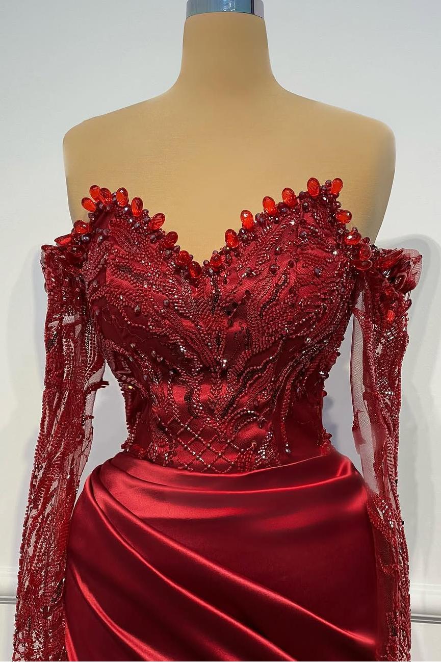 Long Sleeves Strapless Long Mermaid Prom Dress With Beading Pleated