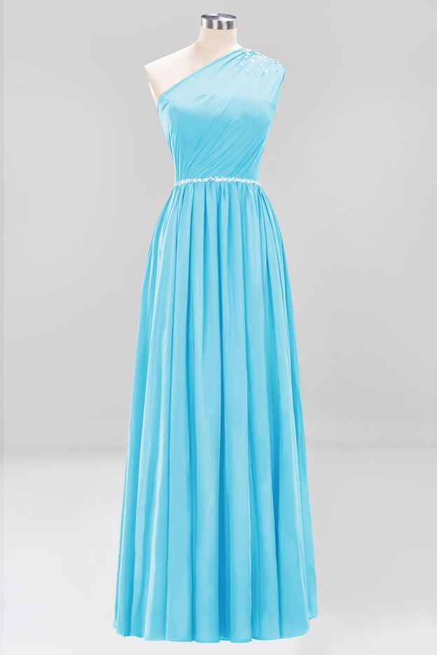 27prom Modest One-shoulder Royal Blue Affordable Bridesmaid Dress with Beadings-27prom