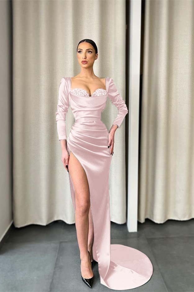 Long Sleeves Dark Green Sweetheart Split Prom Dress With Sequins