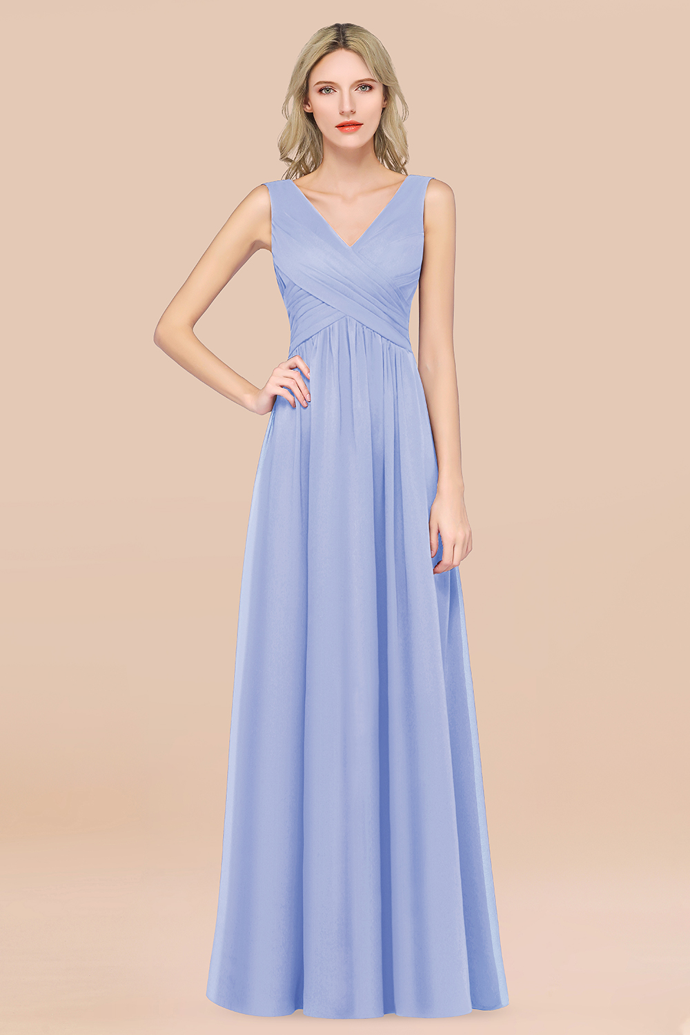 27prom Glamorous Chiffon V-Neck Sleeveless Burgundy Bridesmaid Dress with Draped Back-27prom