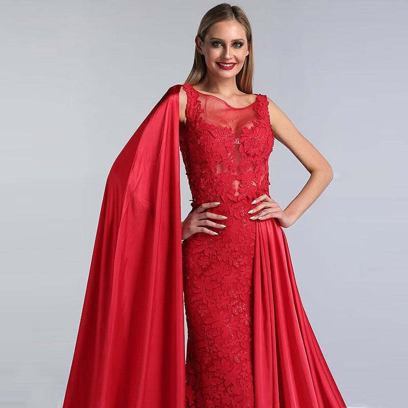 Charming Red Lace Printed A-Line Long Prom Dress with Trail