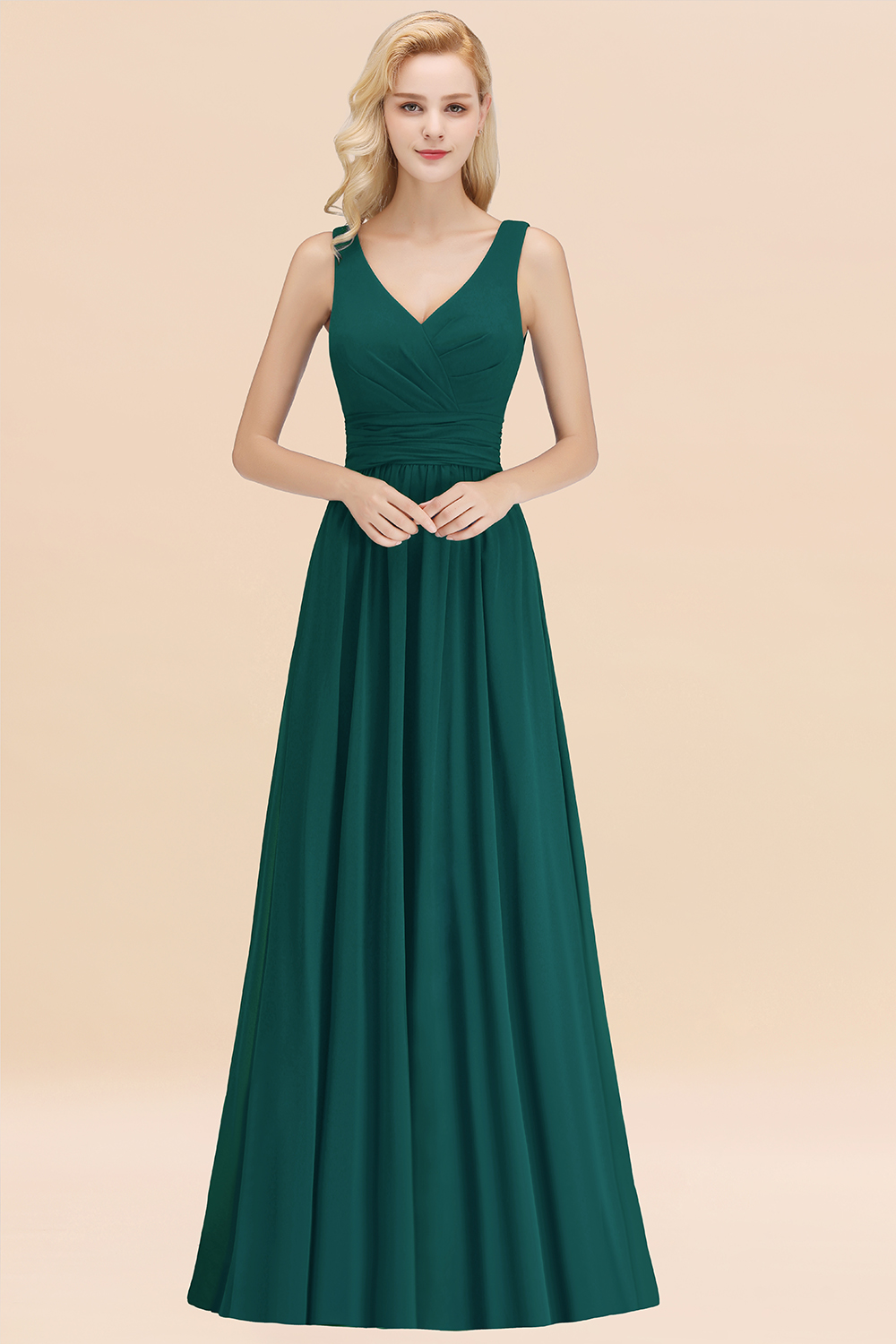 27prom Modest Sleeveless V-Neck Long Chiffon Bridesmaid Dress Online with Ruffle-27prom
