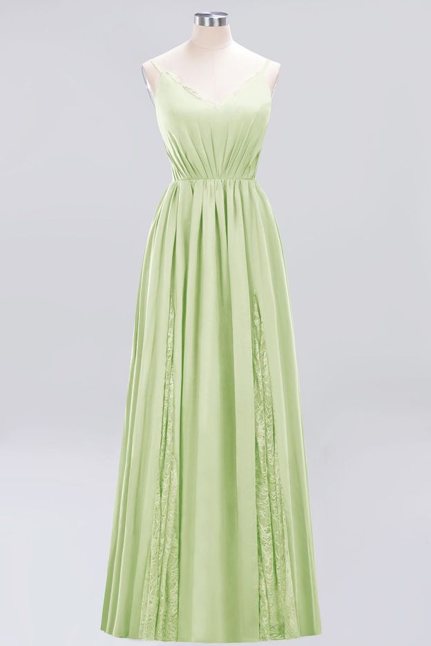 27prom Elegant Spaghetti Straps Long Bridesmaid Dress Lace V-Neck Maid of Honor Dress-27prom