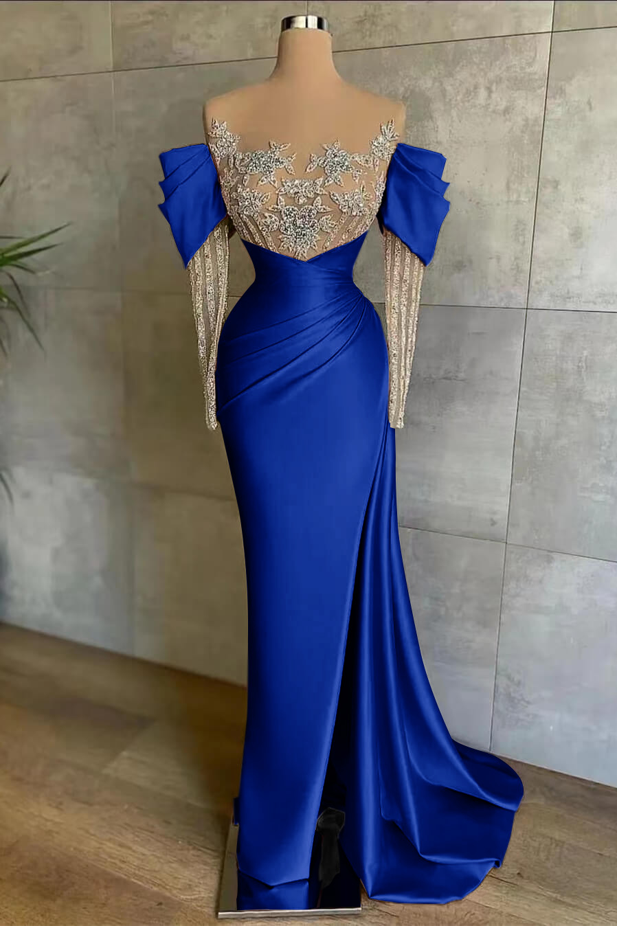 Pink Split Mermaid Long Sleeves Prom Dress Beadings With Appliques Off the Shoulder