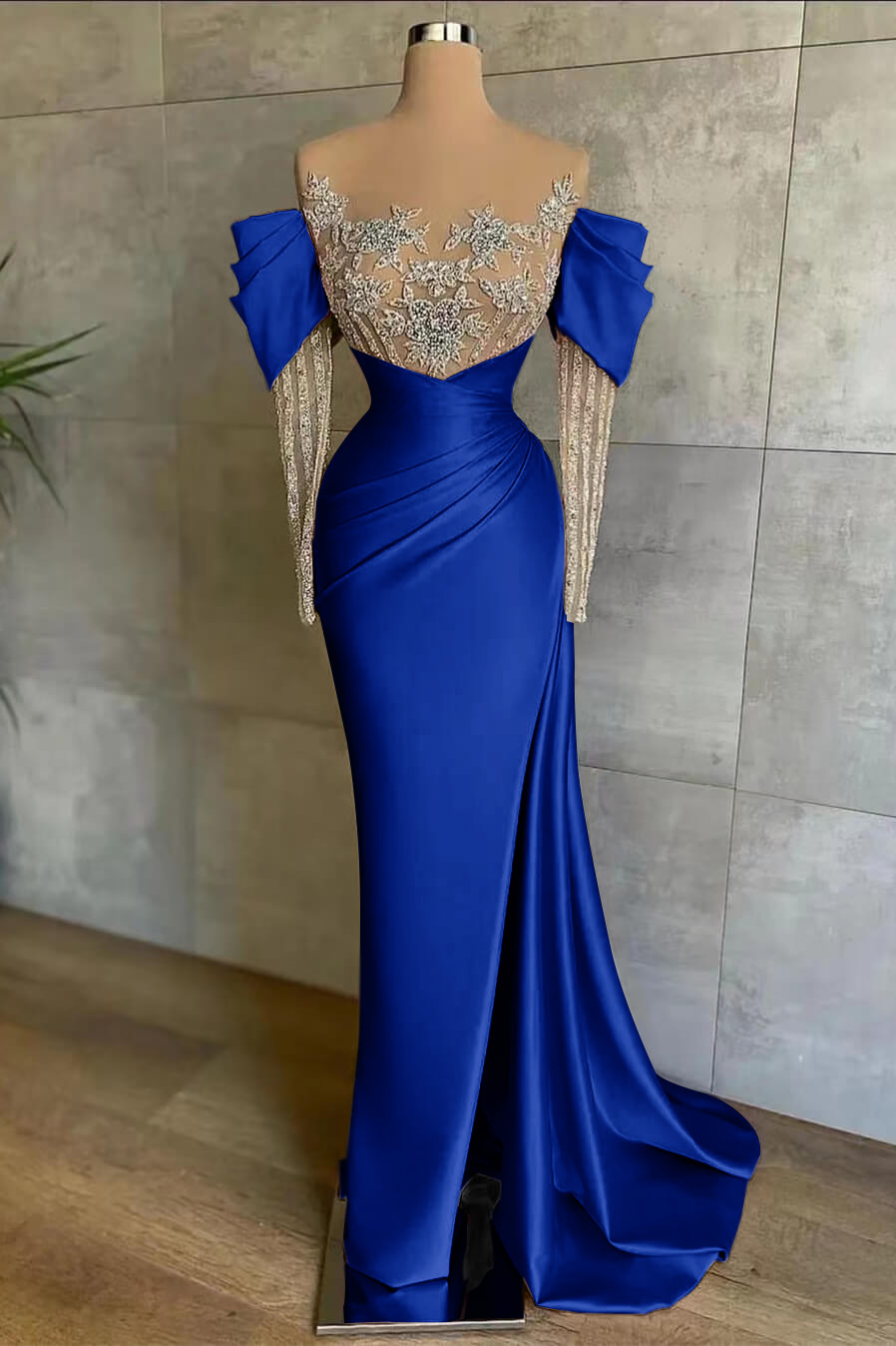 Pink Split Mermaid Long Sleeves Prom Dress Beadings With Appliques Off the Shoulder