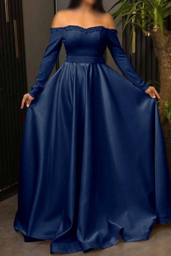 Off the Shoulder Long Sleeves Long Prom Dress With Pleated Beading