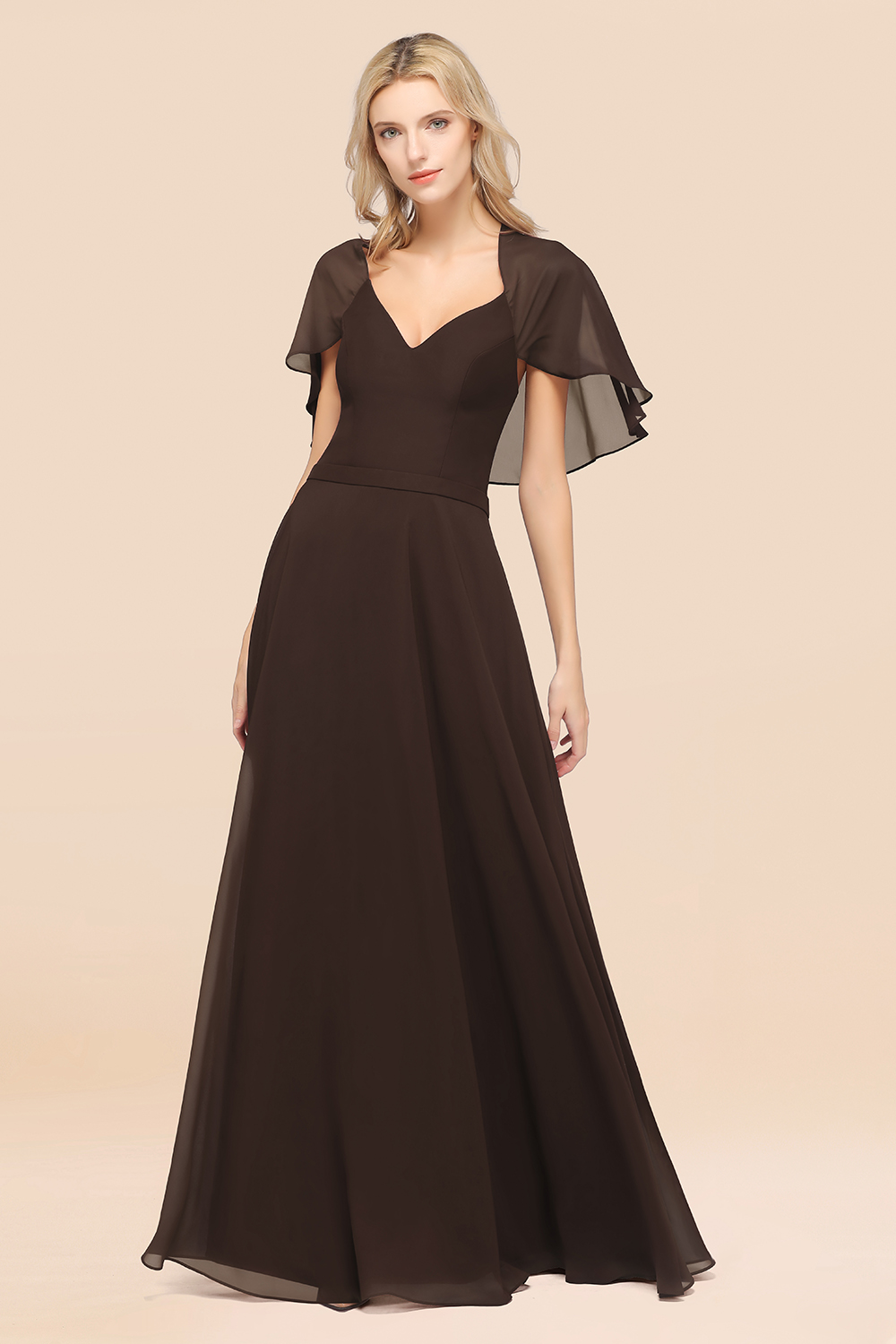 27prom Chic Satin V-Neck Long Burgundy Chiffon Bridesmaid Dress with Flutter Sleeve-27prom