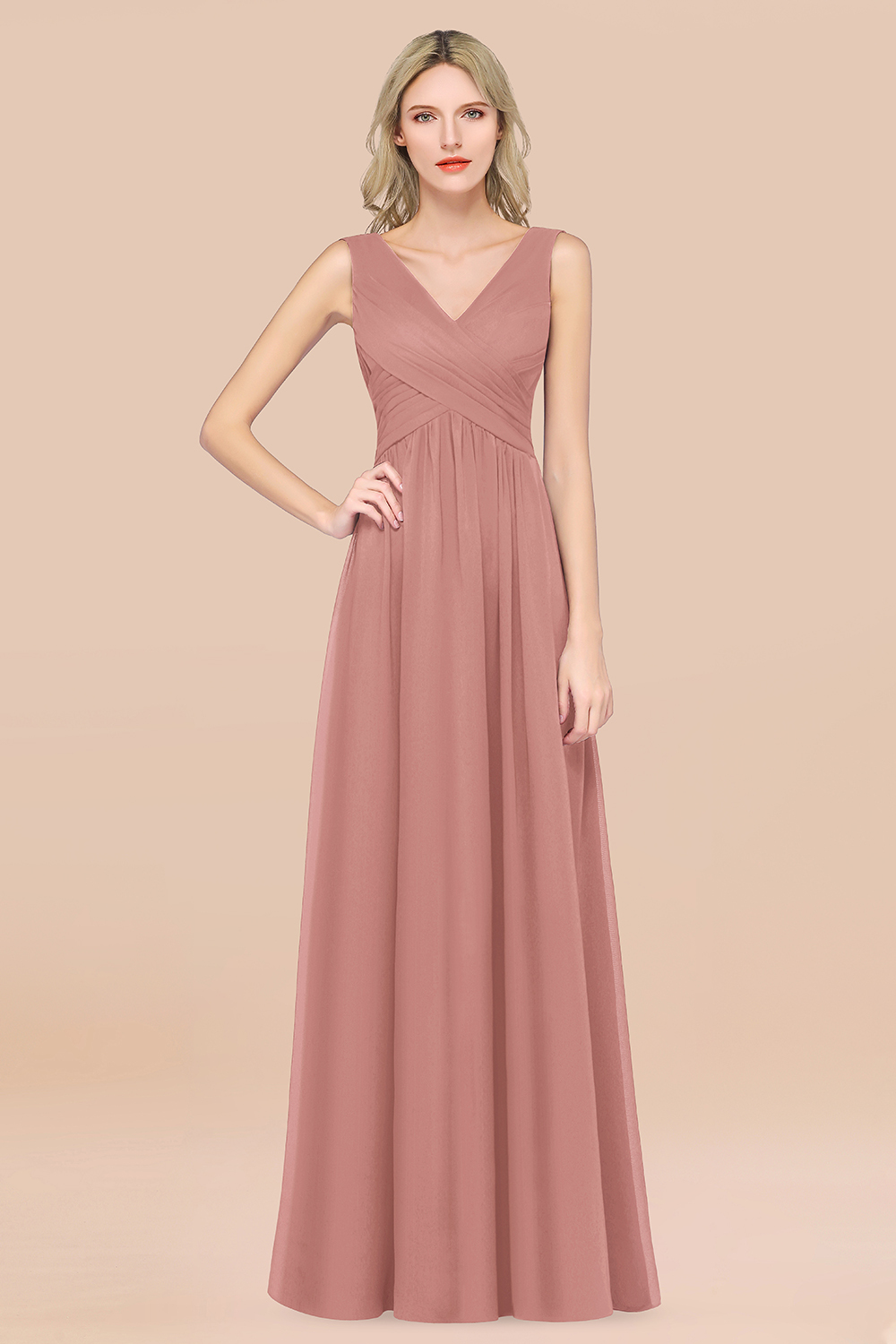 27prom Glamorous Chiffon V-Neck Sleeveless Burgundy Bridesmaid Dress with Draped Back-27prom