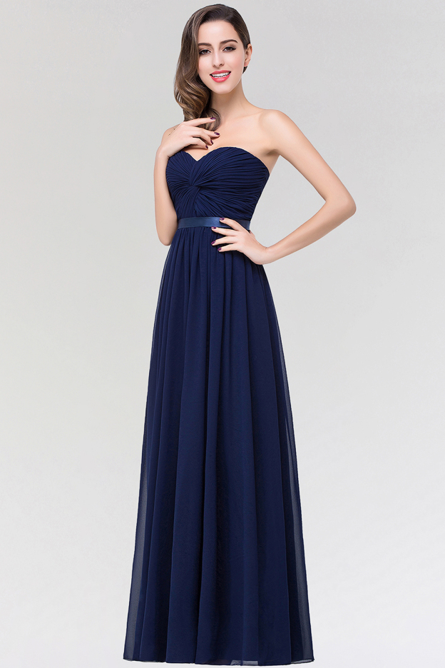 27prom Affordable Sweetheart Ruffle Navy Chiffon Bridesmaid Dress With Ribbon-27prom