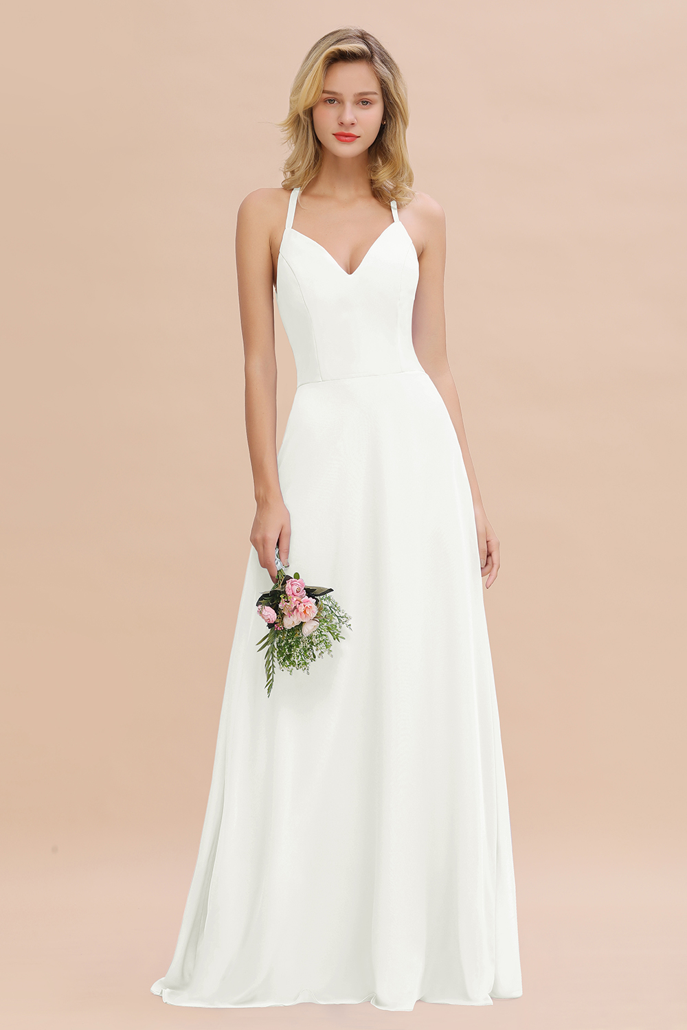 27prom Modest Halter V-Neck Sleeveless Long Bridesmaid Dresses Online-27prom