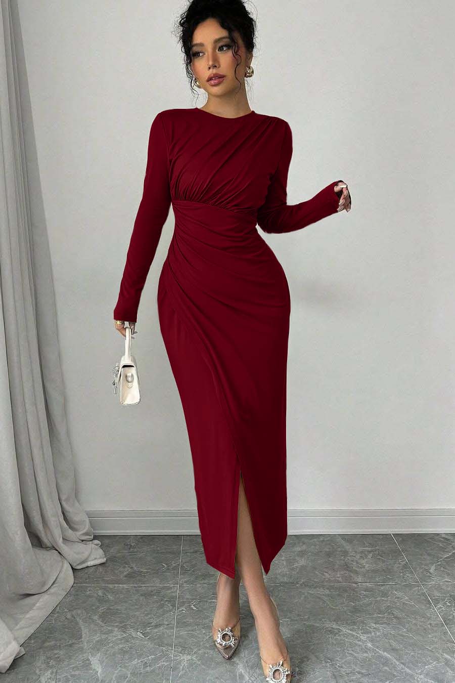 Long Sleeves Jewel Neck Tea Length Prom Dress With Split Pleated