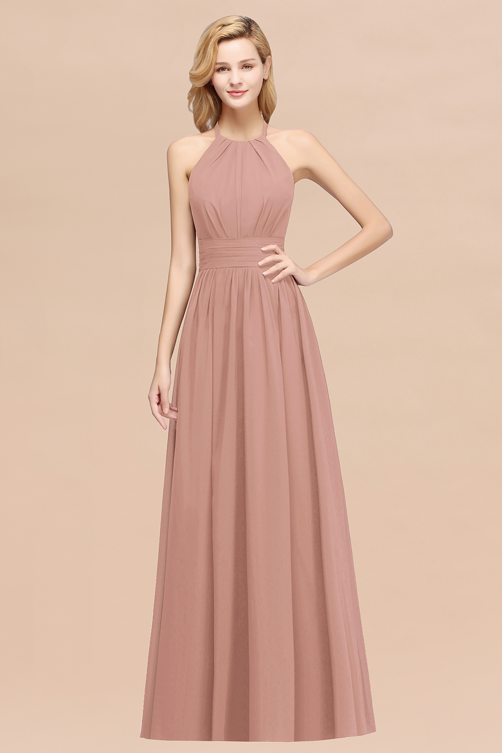 27prom Elegant High-Neck Halter Long Affordable Bridesmaid Dresses with Ruffles-27prom