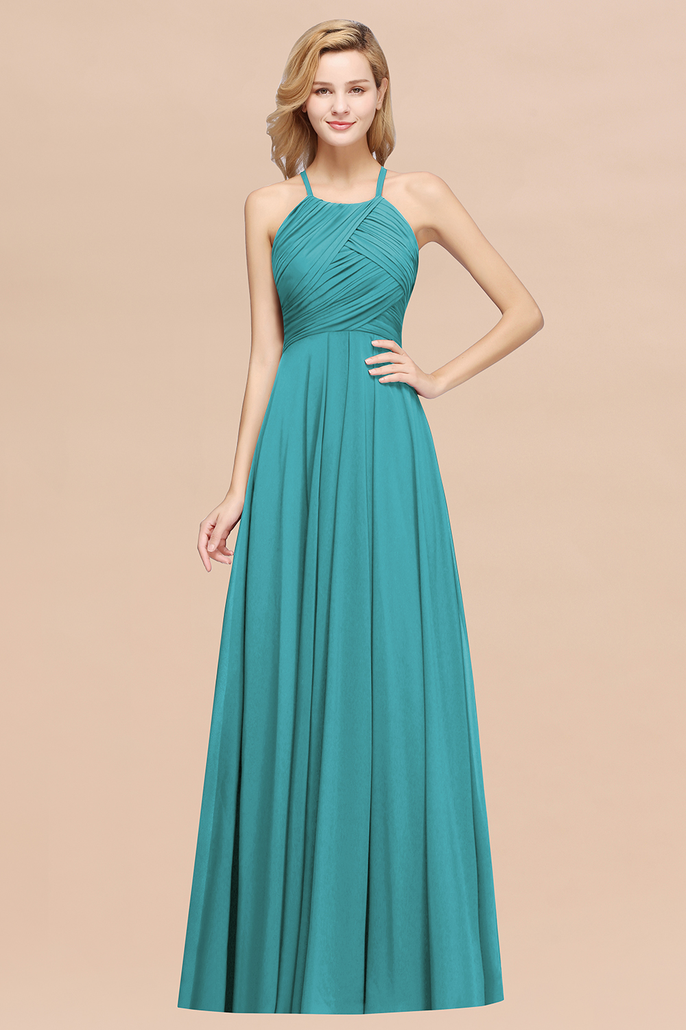 27prom Halter Crisscross Pleated Bridesmaid Dress Blue Chiffon Sleeveless Maid of Honor Dress-27prom