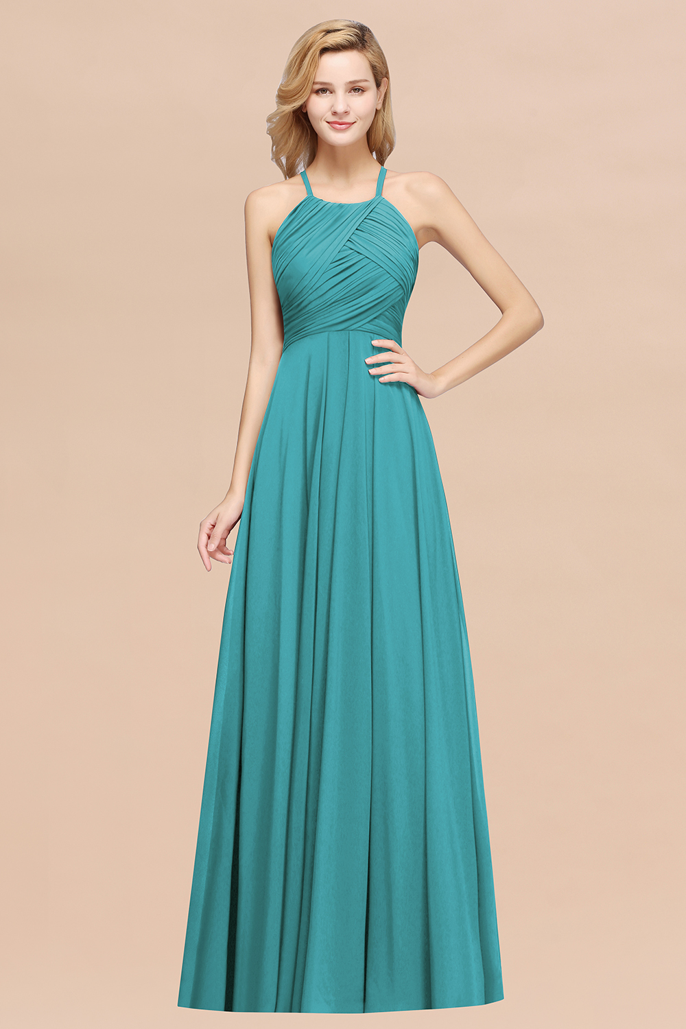 27prom Halter Crisscross Pleated Bridesmaid Dress Blue Chiffon Sleeveless Maid of Honor Dress-27prom
